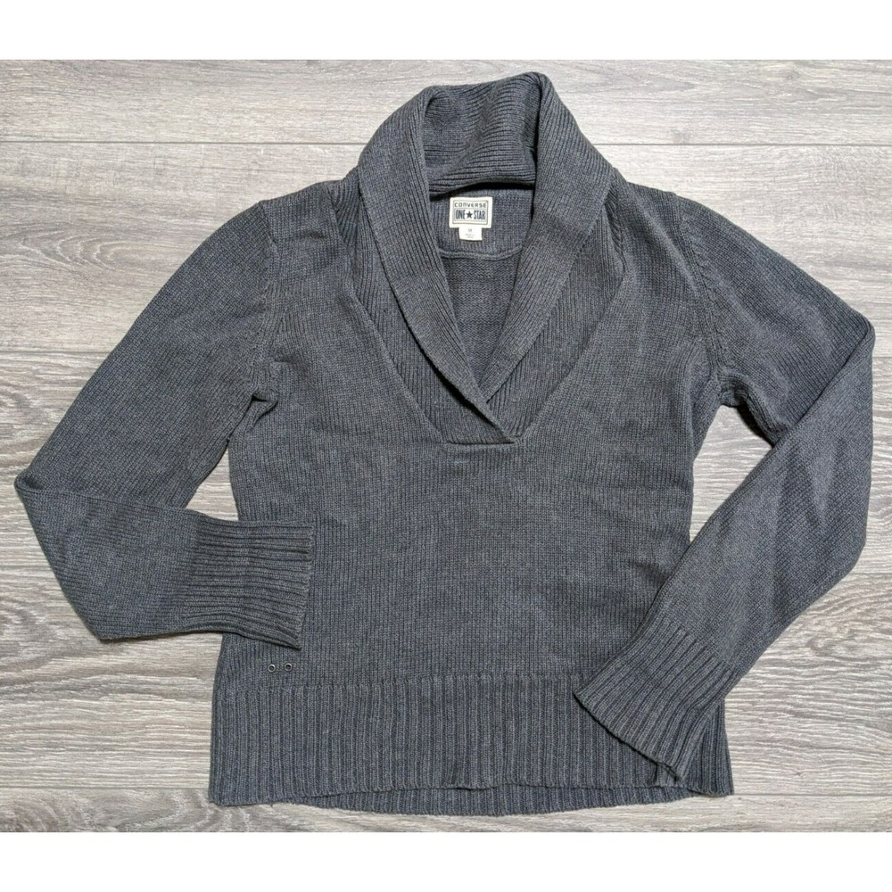 Converse One Star Womens Gray V-Neck Knit Sweater Pullover Size Medium